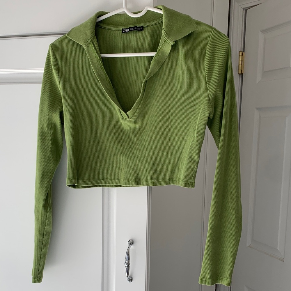 Zara Olive Green Ribbed Cropped Polo